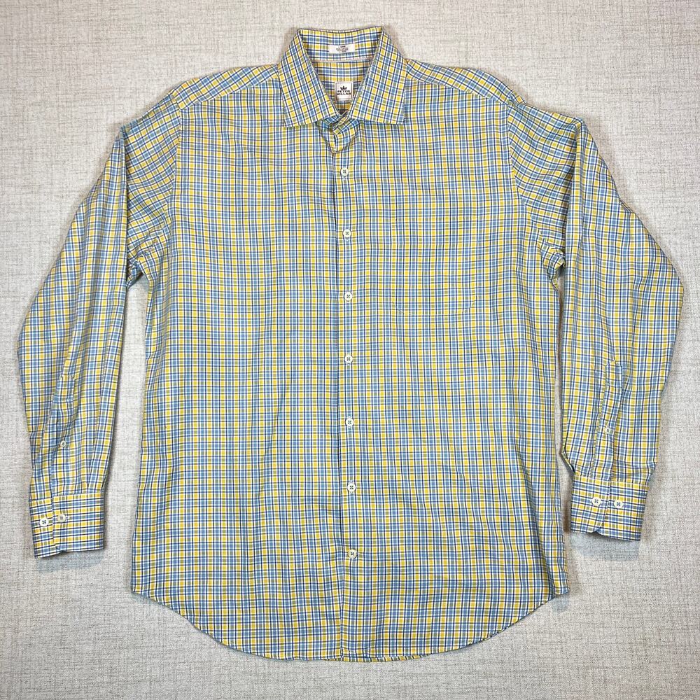 Peter Millar Mens Dress Shirt Size L Button Down log sleeve Blue Yellow Check
